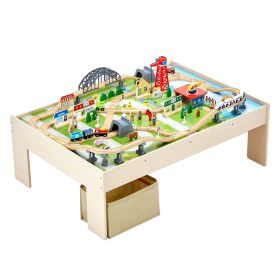Train Table 120 Pieces Wooden Kids Activity Table with Collapsible Storage Bin