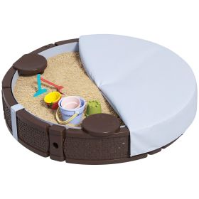 Qaba 47" Round Kids Sandbox with Cover, 3 Seats, Waterproof Bottom Liner, for Backyard, Lawn, Garden, Beach, Patio, Brown