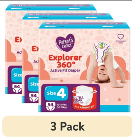 (3 pack) Parent's Choice Explorer 360 Active Fit Diaper Pants, Size 4, 54 Count