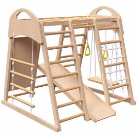 Indoor Playground 7-in-1 Jungle Gym Playset for Kids 2-6yrs - Slide, Climbing Wall, Rope Wall Climber, Monkey Bars
