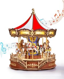 ROBOTIME 3D Wooden Puzzle Classic Carousel Music Box With LED Lights, Model Kits For Adults To Build, Gear Model Building Construction Craft Kits (Option: AMC01)