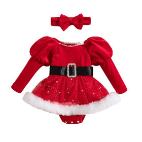 Baby Girls Christmas Dress Sequins Patchwork Skirt Plush Hem Bodysuit with Headband (size: 70cm)