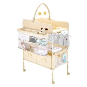 VEVOR Baby Changing Table, Foldable Diaper Change Station with 2 Fabric Drawers, Side Basket & Hanging Rod (Shape: H Shape, Color: Beige)