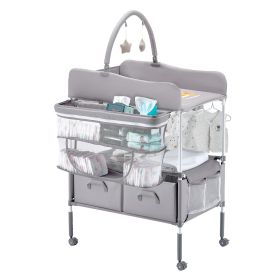 VEVOR Baby Changing Table, Foldable Diaper Change Station with 2 Fabric Drawers, Side Basket & Hanging Rod (Shape: H Shape, Color: Light Gray)