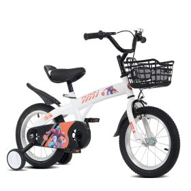 16 inch sporty kids bike with training wheels and stand Adjustable saddle Suitable for boys and girls aged 4-8 years tall Height 41-46 inches (Color: White, Material: Iron+Plastic)