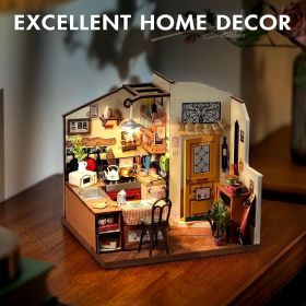 ROBOTIME Rolife Happy Kitchen Dollhouse Minature House DIY Wooden Puzzle With LED Light DG159 (Option: DG159)